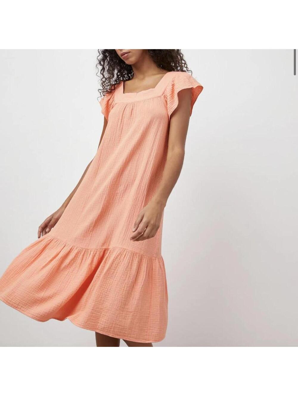 Rails - Skylar Short Sleeve Midi Dress. Ruffle Details. Color is Peach Amber.